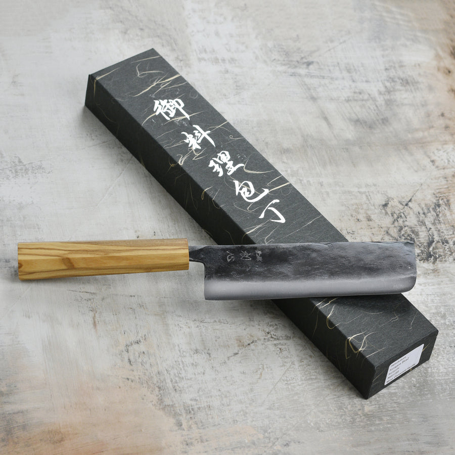 Hatsukokoro Kurogane Aogami #2 Kurouchi 6.5" Nakiri, Olivewood