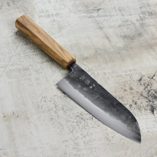 Hatsukokoro Kurogane Aogami #2 Kurouchi 6.5" Santoku, Olivewood