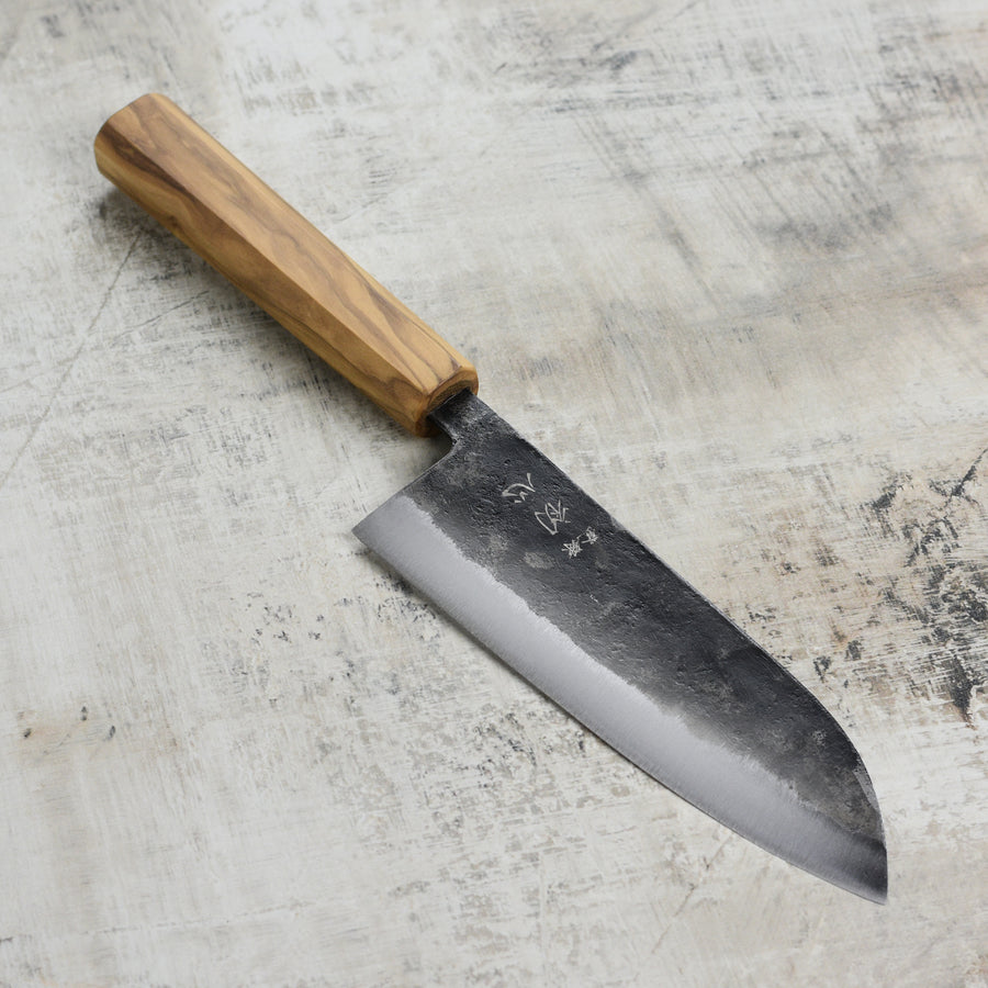 Hatsukokoro Kurogane Aogami #2 Kurouchi 6.5" Santoku, Olivewood