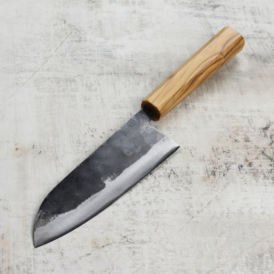 Hatsukokoro Kurogane Aogami #2 Kurouchi 6.5" Santoku, Olivewood