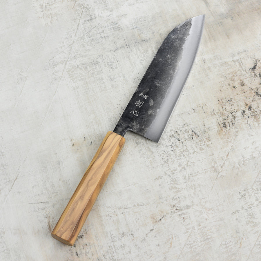 Hatsukokoro Kurogane Aogami #2 Kurouchi 6.5" Santoku, Olivewood