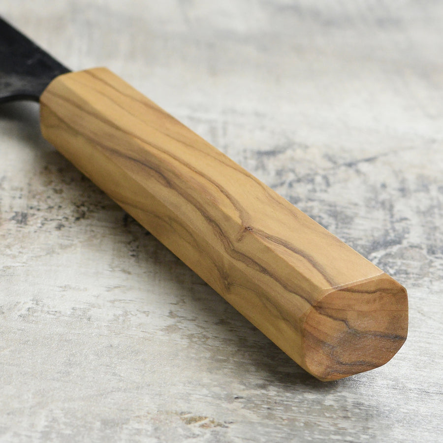 Hatsukokoro Kurogane Aogami #2 Kurouchi 6.5" Santoku, Olivewood