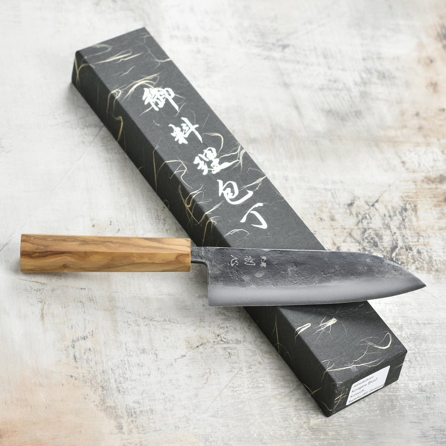 Hatsukokoro Kurogane Aogami #2 Kurouchi 6.5" Santoku, Olivewood