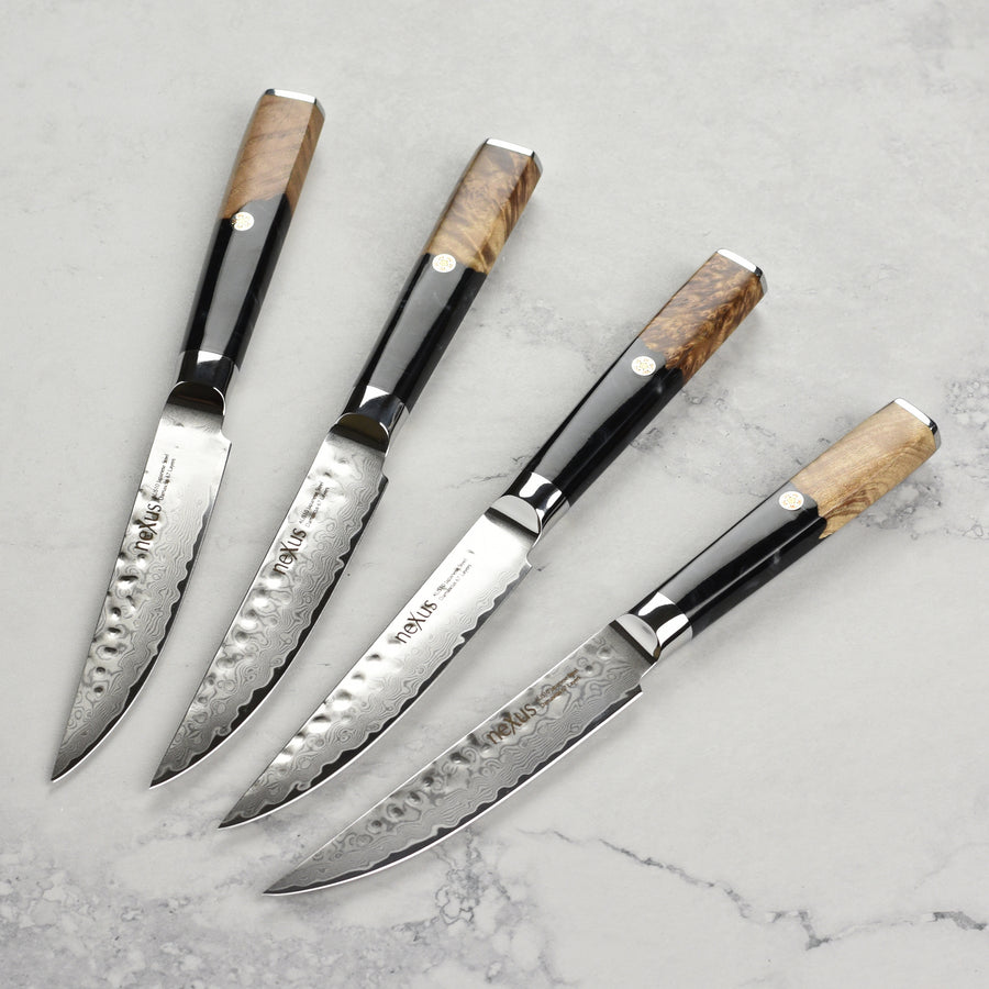Nexus 4 Piece Damascus Steak Knife Set, Black Resin & Stabilized Wood