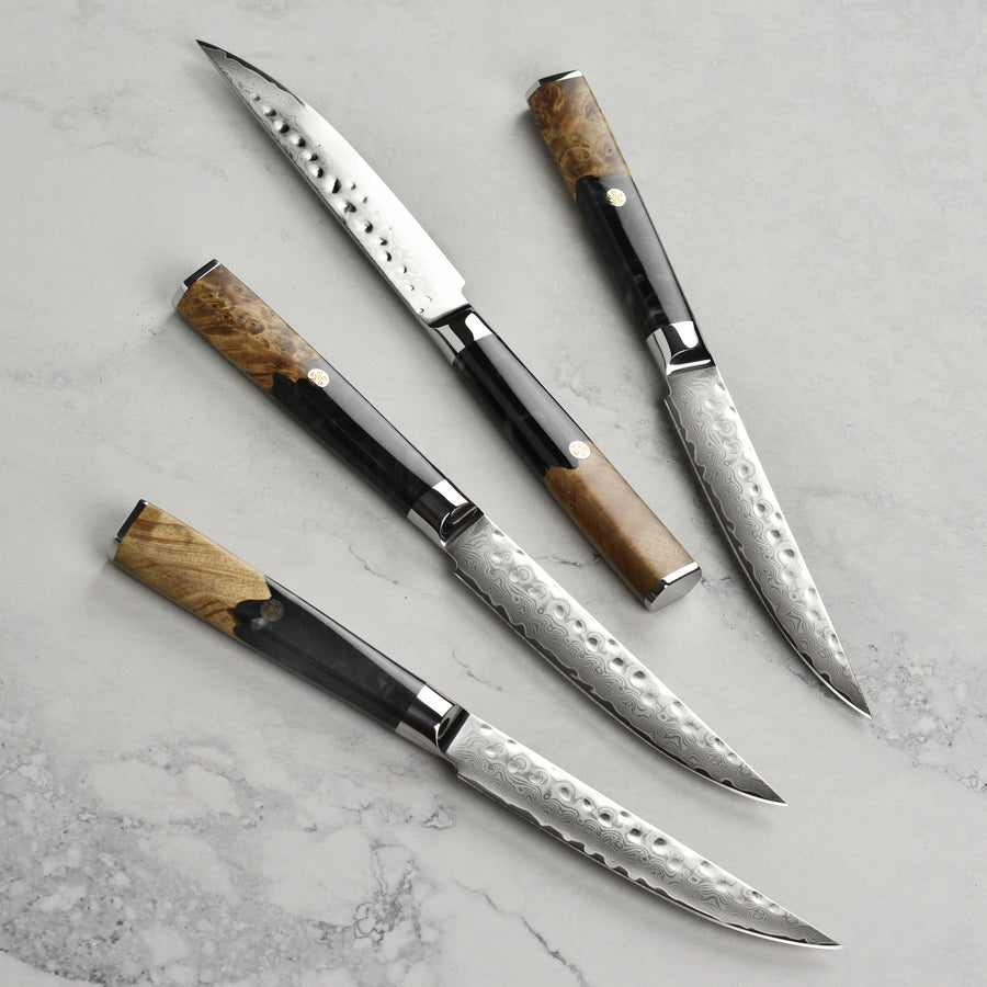 Nexus 4 Piece Damascus Steak Knife Set, Black Resin & Stabilized Wood