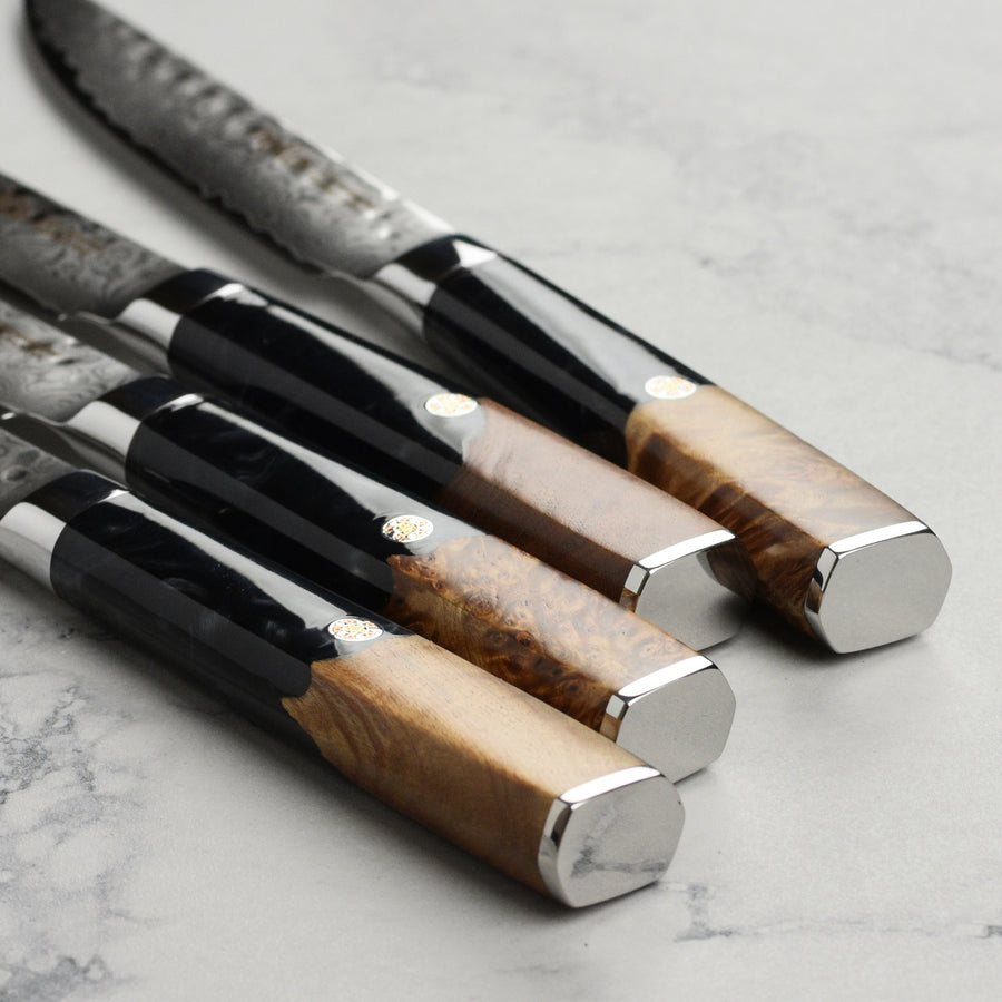 Nexus 4 Piece Damascus Steak Knife Set, Black Resin & Stabilized Wood