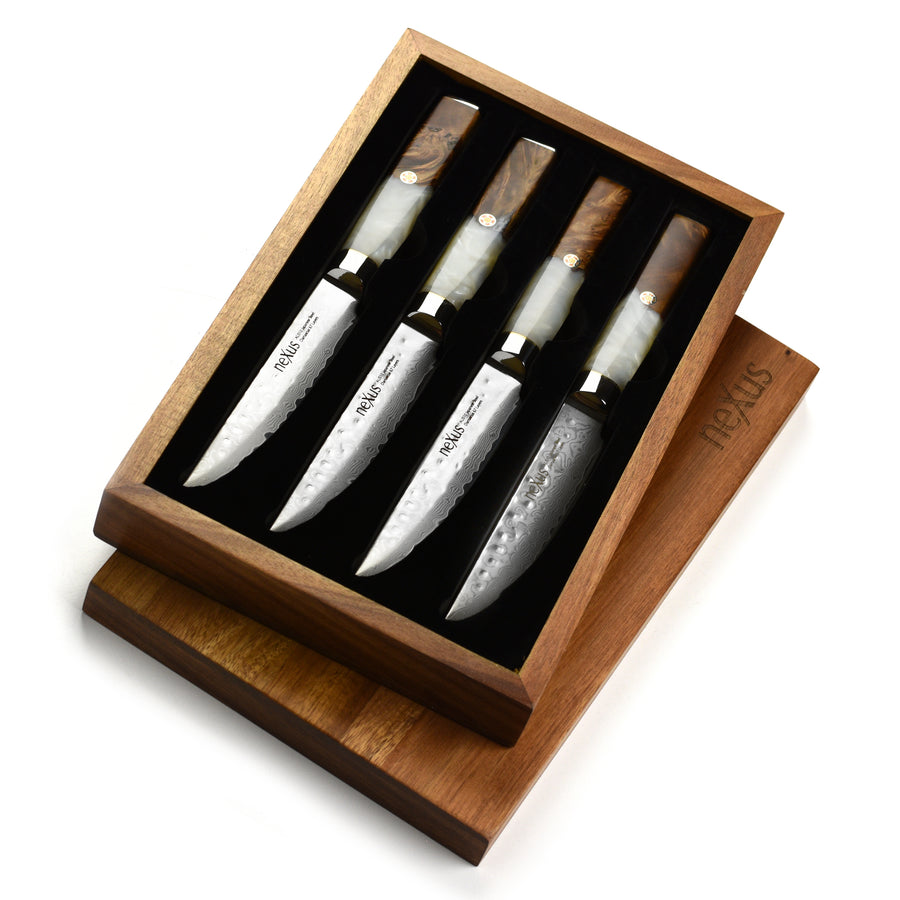 Nexus 4 Piece Damascus Steak Knife Set, White Resin & Stabilized Wood