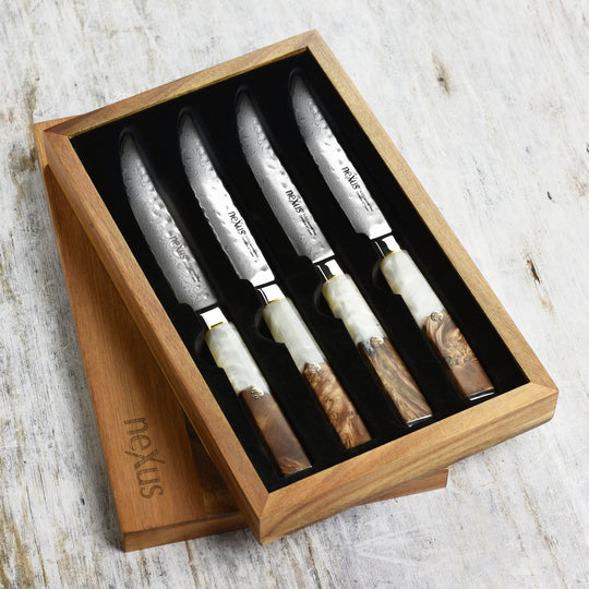 Nexus 4 Piece Damascus Steak Knife Set, White Resin & Stabilized Wood