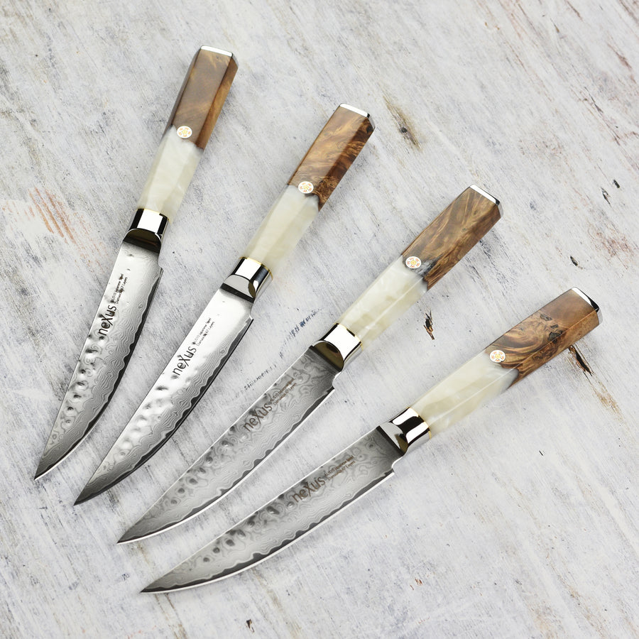 Nexus 4 Piece Damascus Steak Knife Set, White Resin & Stabilized Wood