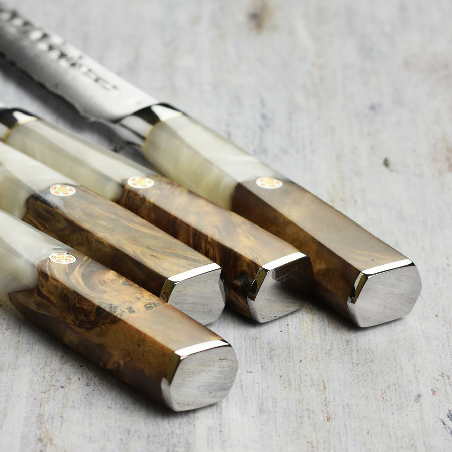 Nexus 4 Piece Damascus Steak Knife Set, White Resin & Stabilized Wood