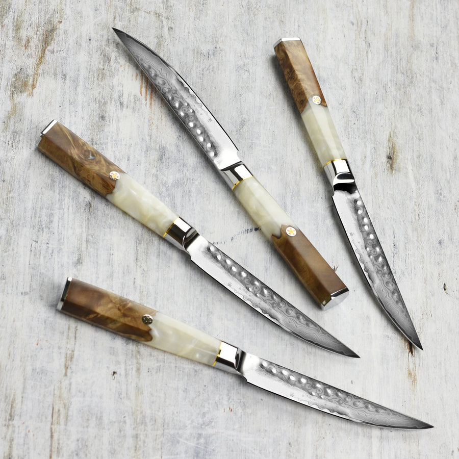 Nexus 4 Piece Damascus Steak Knife Set, White Resin & Stabilized Wood