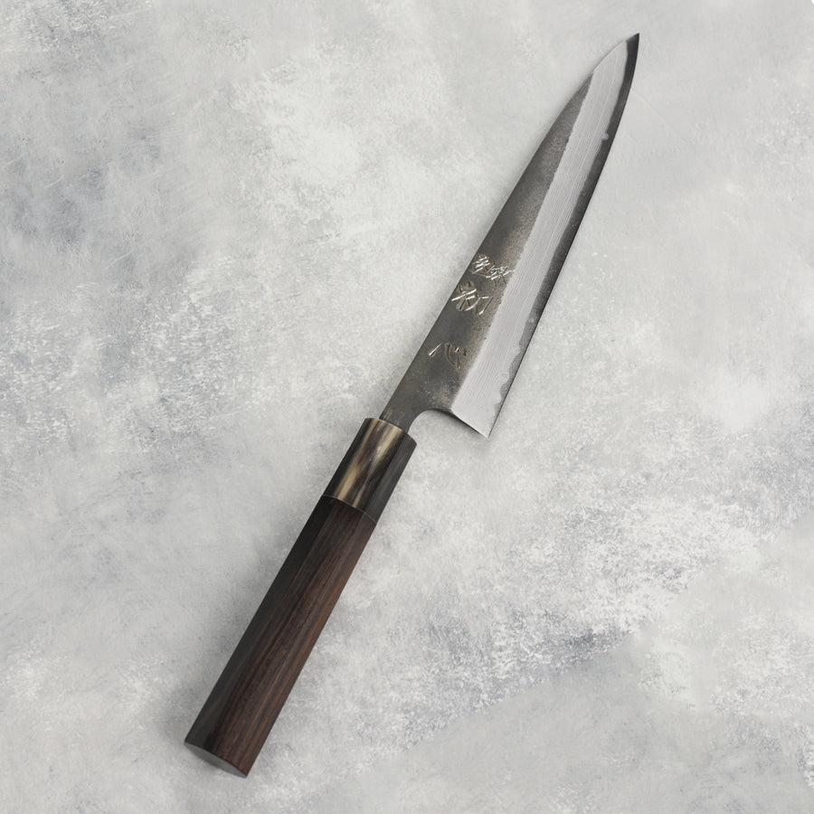 Hatsukokoro Shinkiro Aogami Super Kurouchi Damascus 5.9" Petty, Ebony with Ferrule