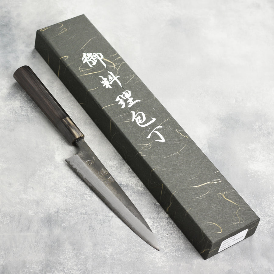 Hatsukokoro Shinkiro Aogami Super Kurouchi Damascus 5.9" Petty, Ebony with Ferrule