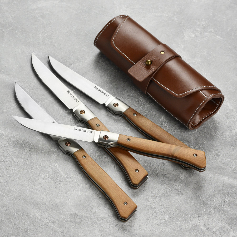 Messermeister 4 Piece Folding Steak Knife Set with Leather Roll