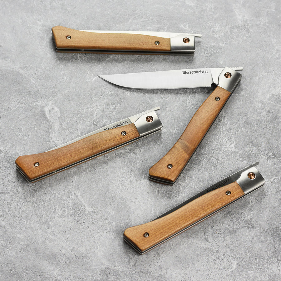 Messermeister 4 Piece Folding Steak Knife Set with Leather Roll