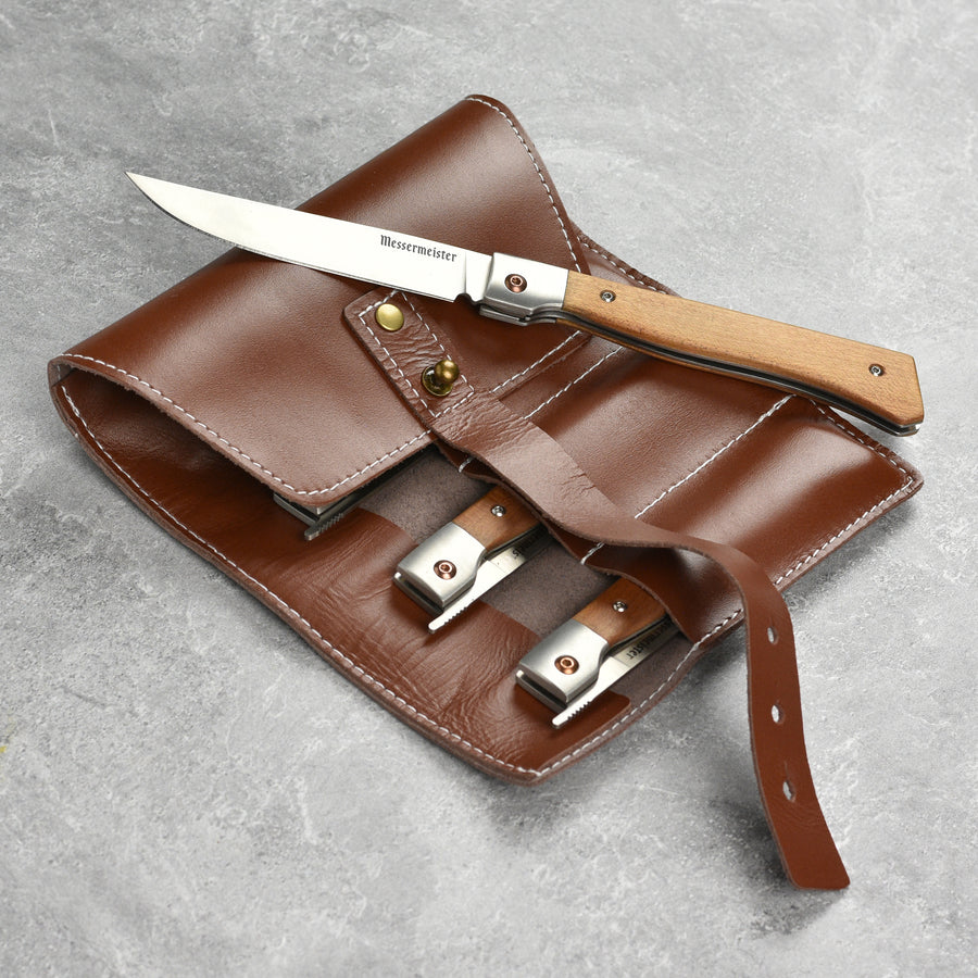 Messermeister 4 Piece Folding Steak Knife Set with Leather Roll