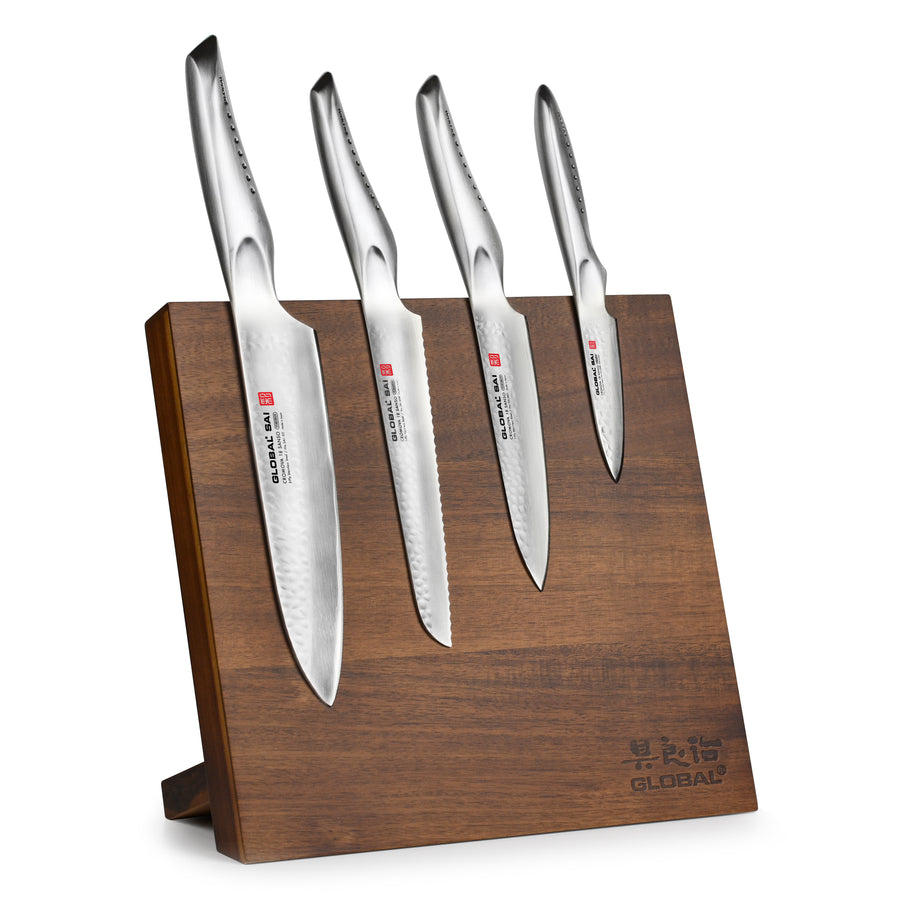 Global Sai 5 Piece Magnetic Easel Knife Set, Acacia Block