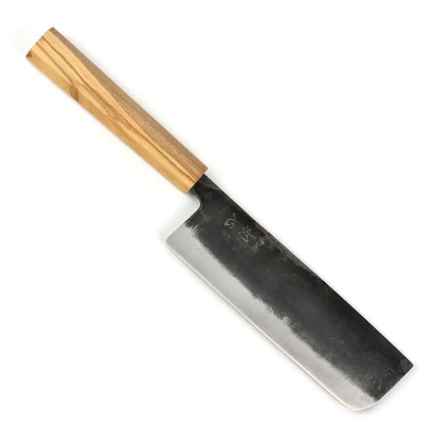 Hatsukokoro Kurogane Aogami #2 Kurouchi 6.5" Nakiri, Olivewood