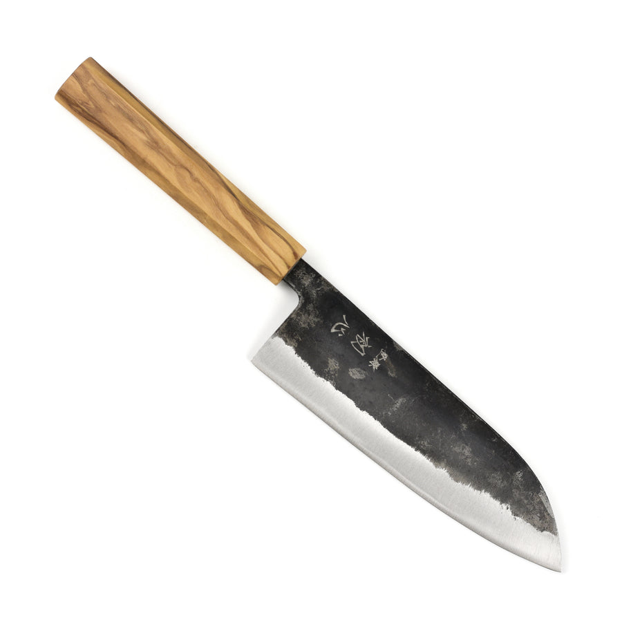 Hatsukokoro Kurogane Aogami #2 Kurouchi 6.5" Santoku, Olivewood