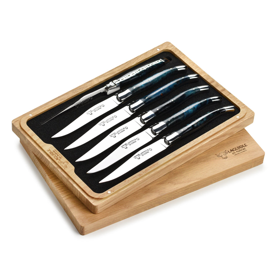 Laguiole en Aubrac 6 Piece Stainless Steel Steak Knife Set with Blue Poplar Burl Handles