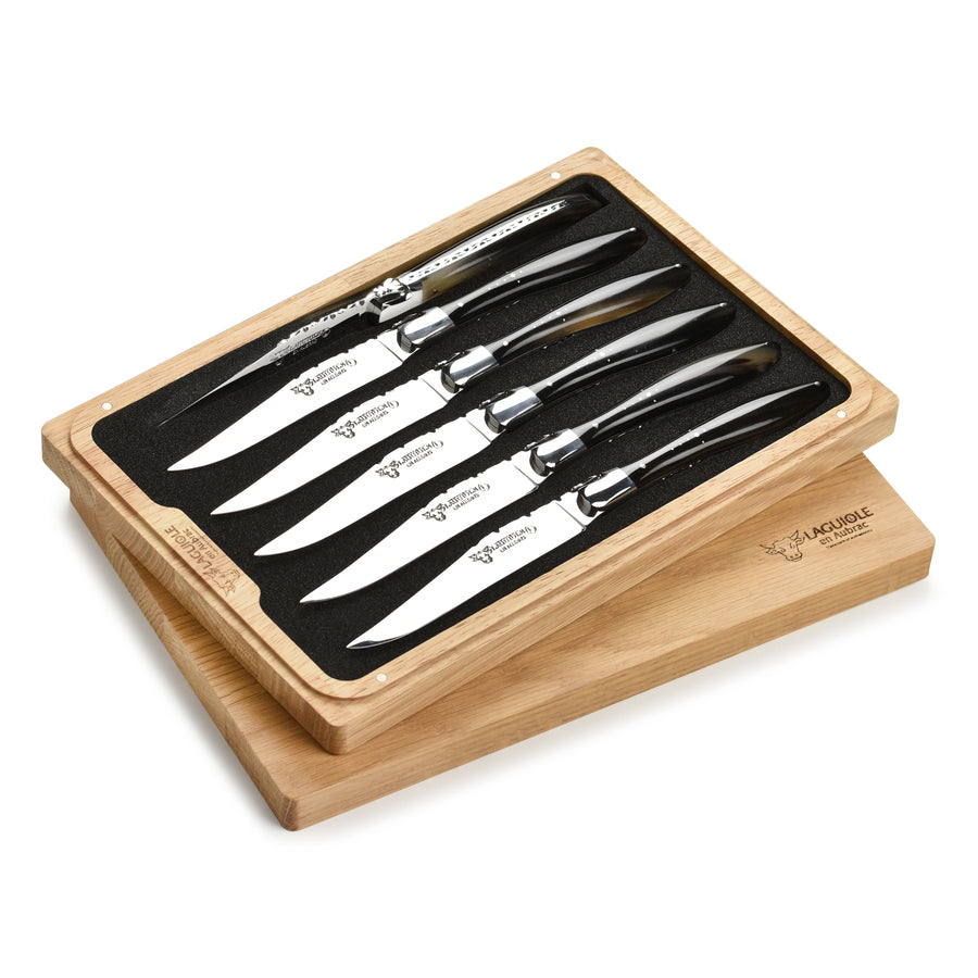 Laguiole en Aubrac 6 Piece Stainless Steel Steak Knife Set with Solid Horn Handles