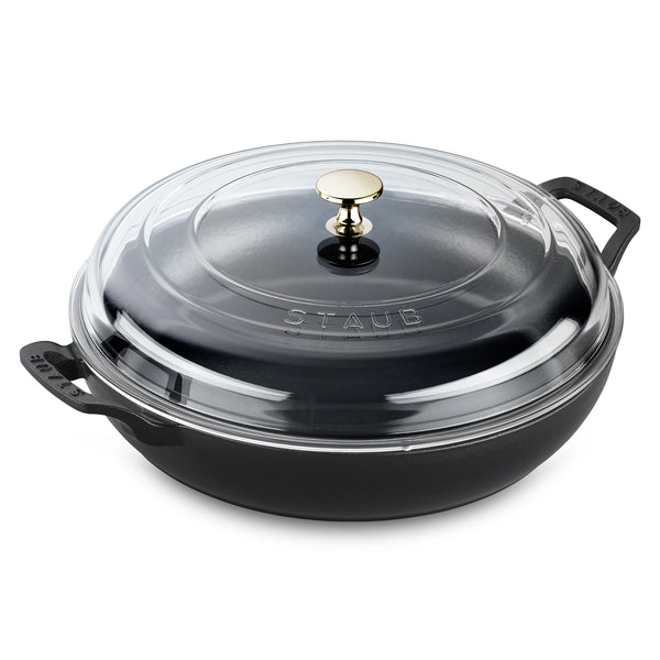 新品！Staub Braiser Shiny Black 24cm Staub Braiser with Glass Lid - 3.5-quart Matte Black – Cutlery and