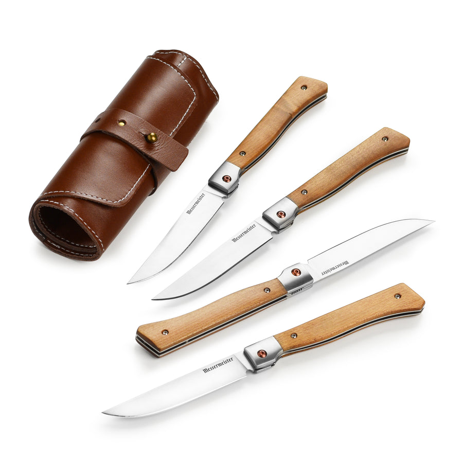 Messermeister 4 Piece Folding Steak Knife Set with Leather Roll