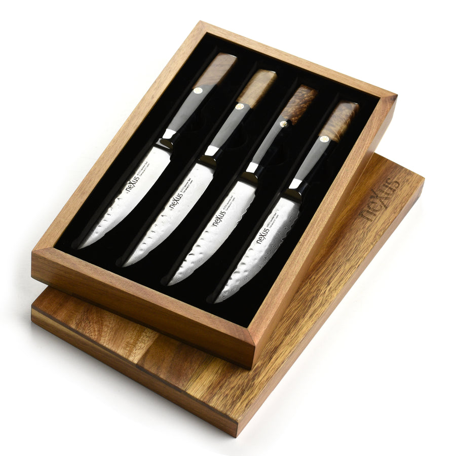 Nexus 4 Piece Damascus Steak Knife Set, Black Resin & Stabilized Wood