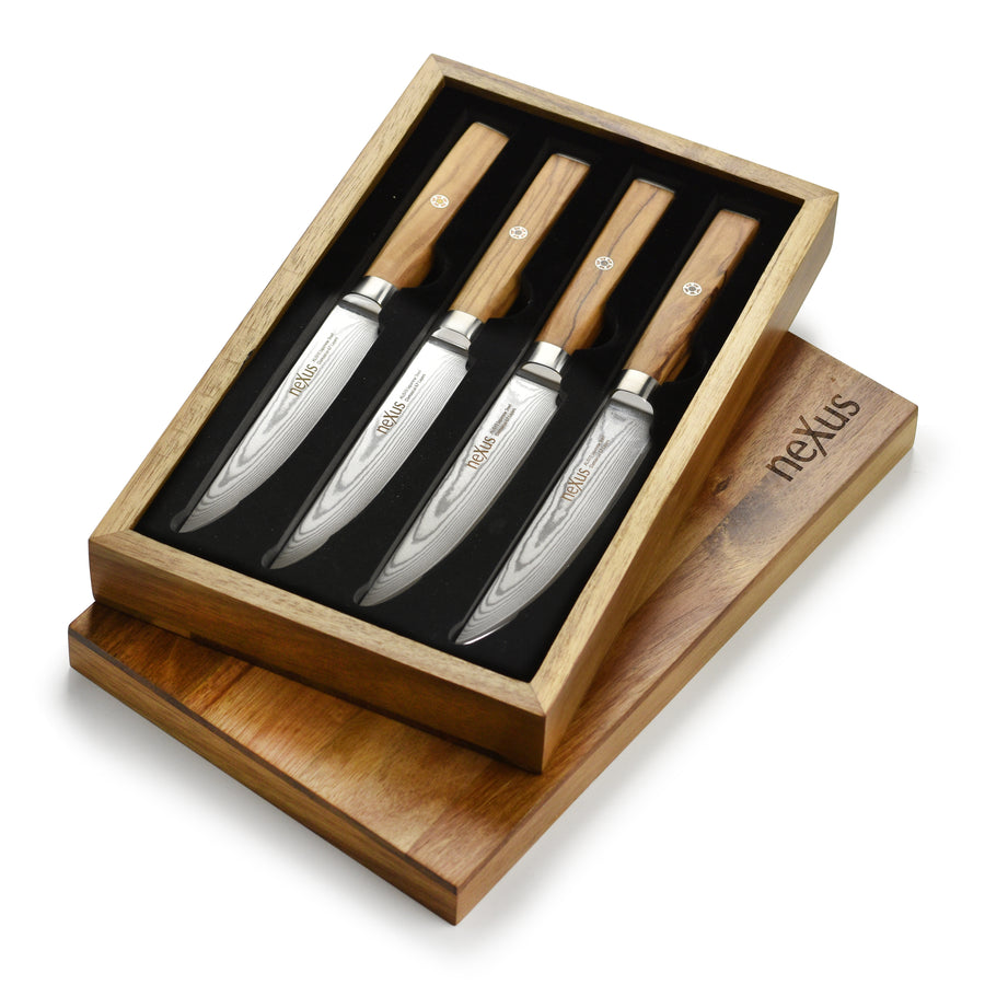 Nexus 4 Piece Damascus Steak Knife Set, Olive Wood