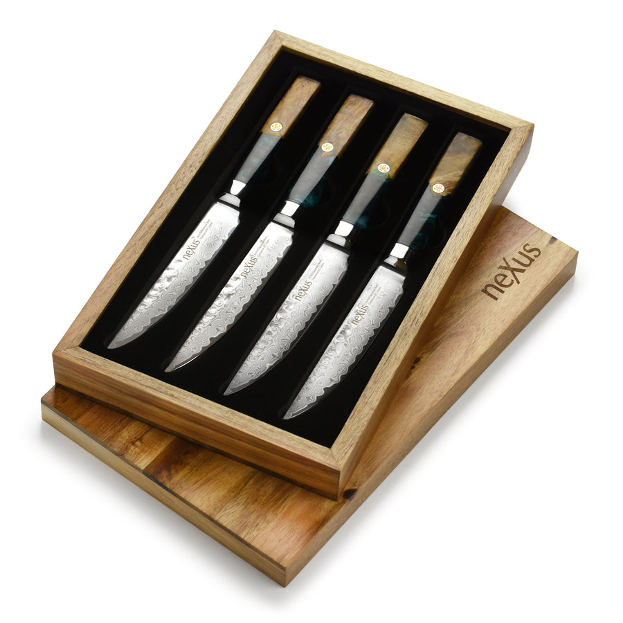 Nexus 4 Piece Damascus Steak Knife Set, Resin & Stabilized Wood