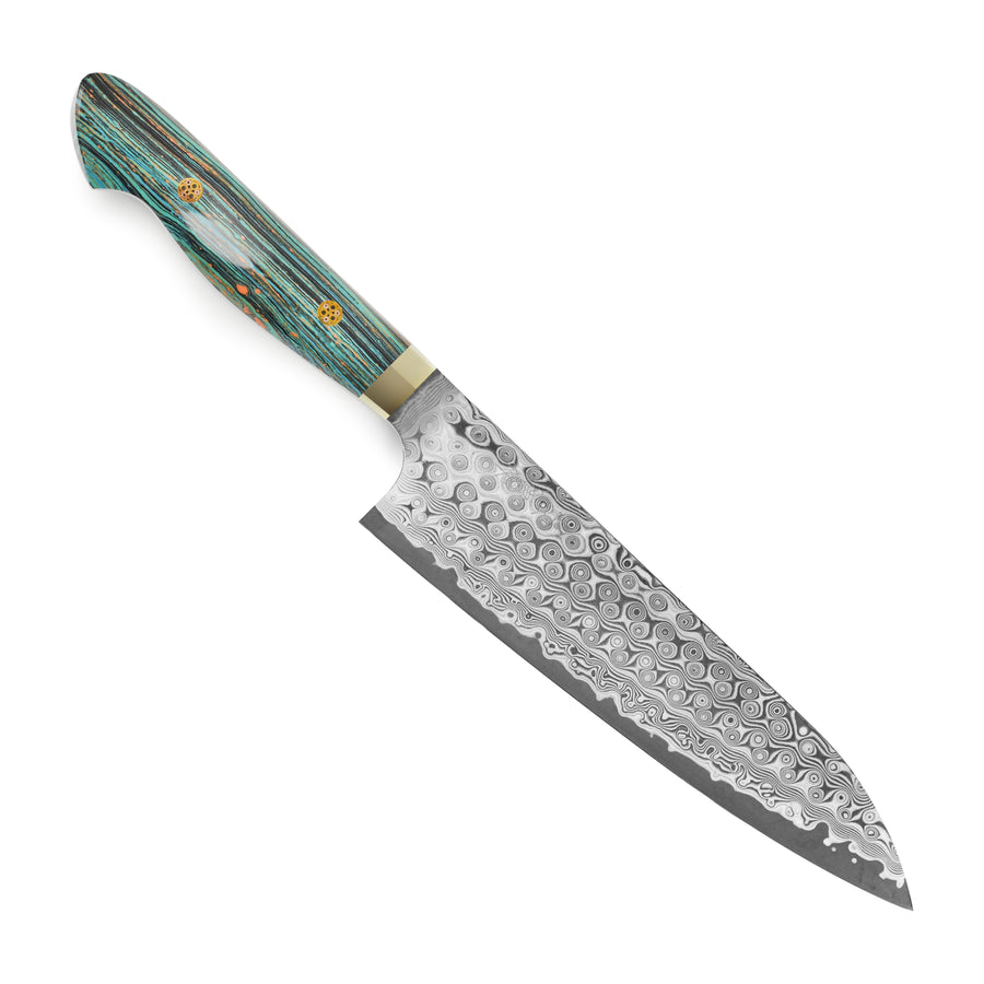 Nigara Anmon SG2 Damascus 8.25" Gyuto, Striped Turquoise