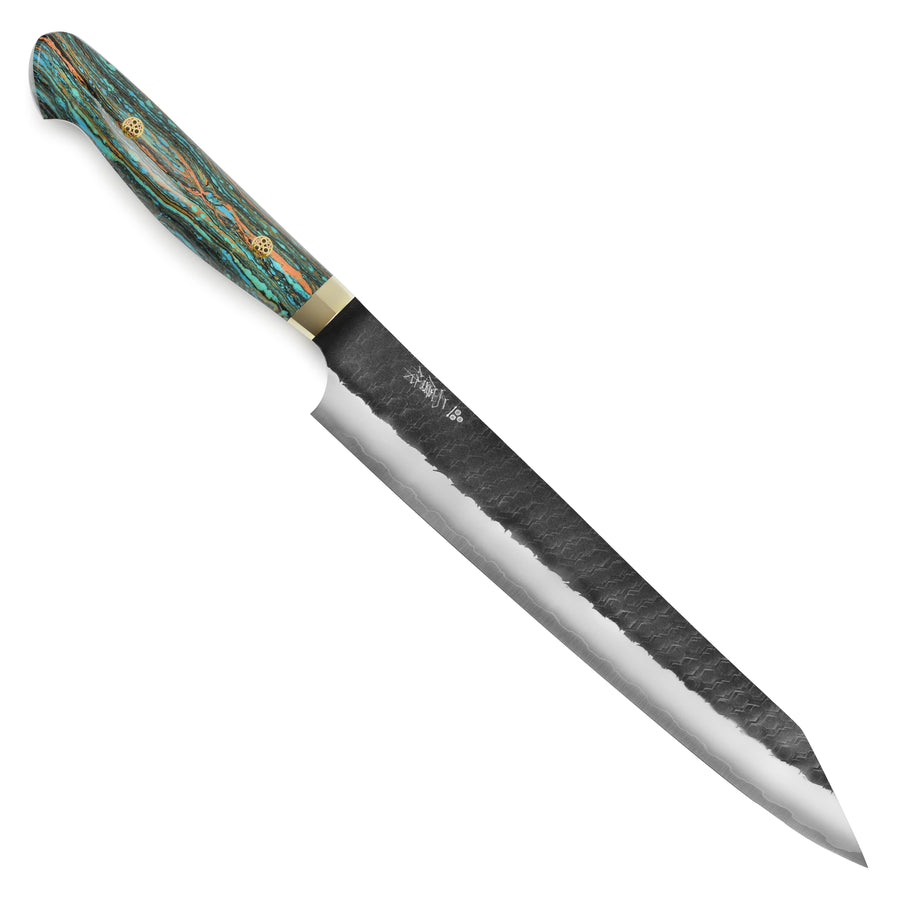 Nigara SG2 Kurouchi Tsuchime 10" Kiritsuke Sujihiki, Striped Turquoise