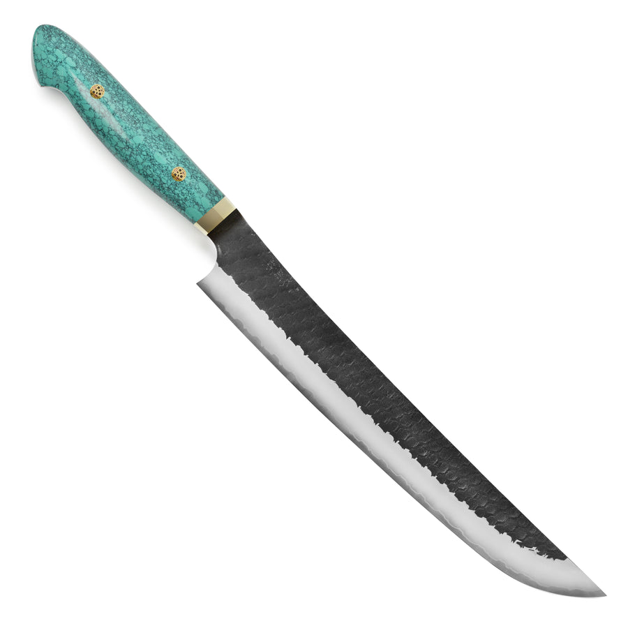 Nigara SG2 Kurouchi Tsuchime 10.6" Sakimaru Sujihiki, Green Turquoise