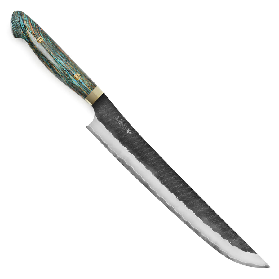 Nigara SG2 Kurouchi Tsuchime 10.6" Sakimaru Sujihiki, Striped Turquoise