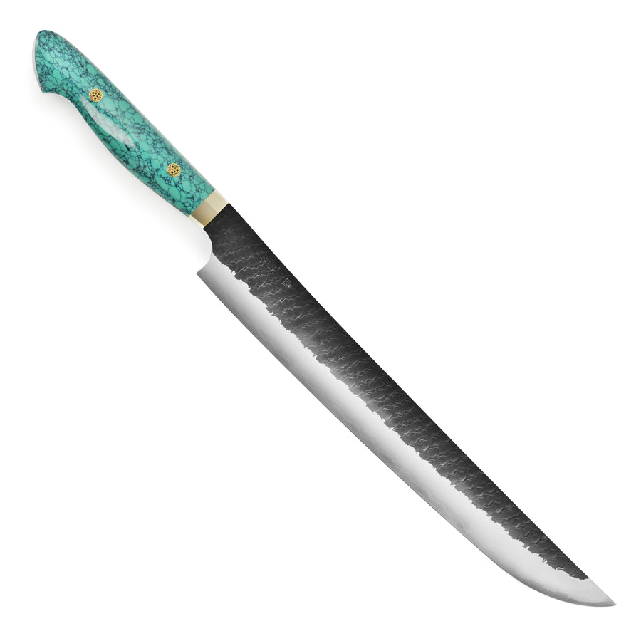 Nigara SG2 Kurouchi Tsuchime 11.8" Sakimaru Sujihiki, Green Turquoise