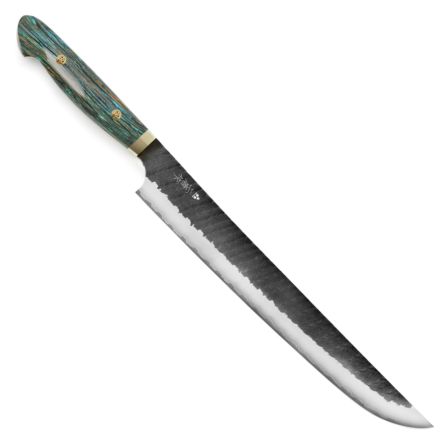 Nigara SG2 Kurouchi Tsuchime 11.8" Sakimaru Sujihiki, Striped Turquoise