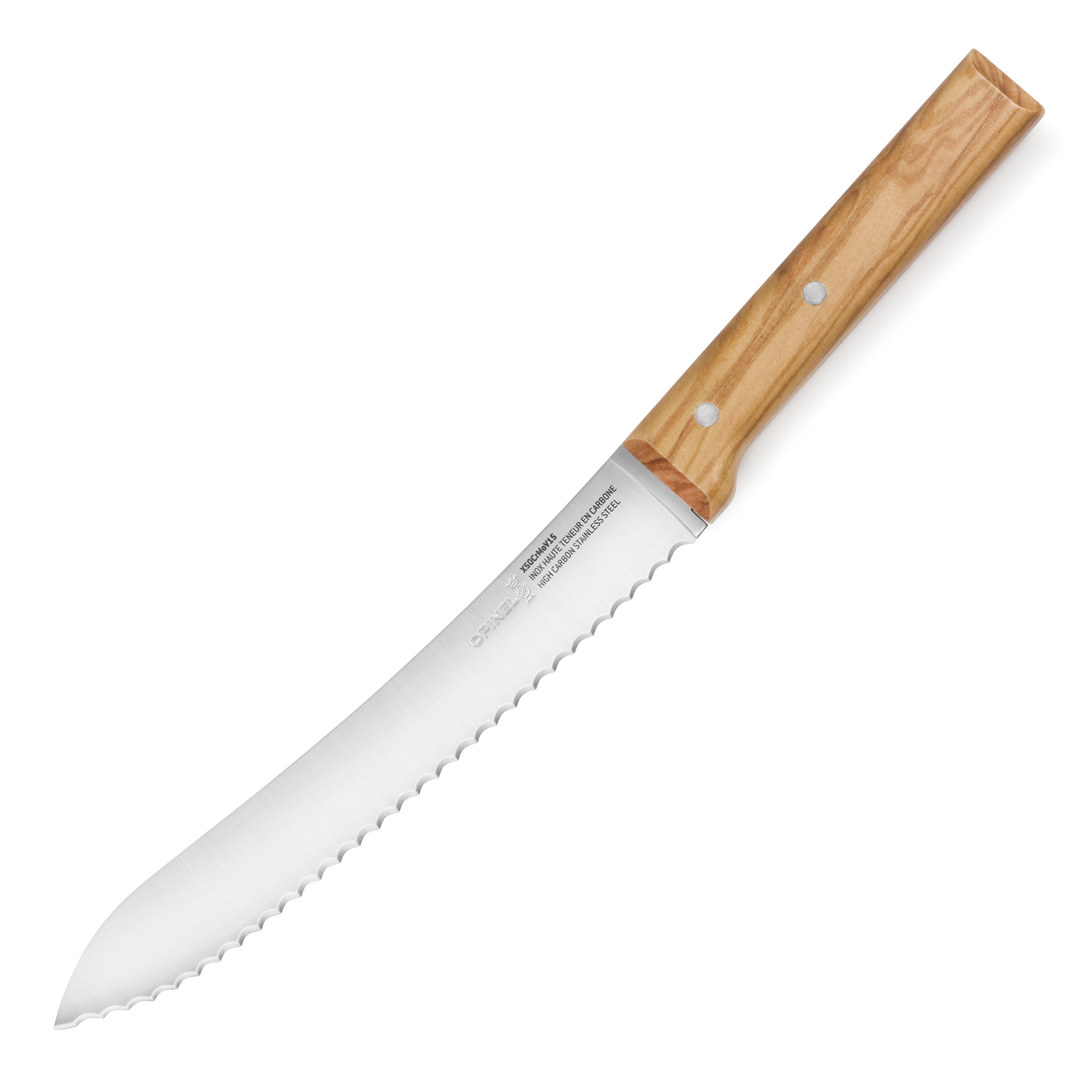 Opinel French Bread Knife with Olivewood Handle, Parallele 8.25" Stainless Steel Serrated Blade
