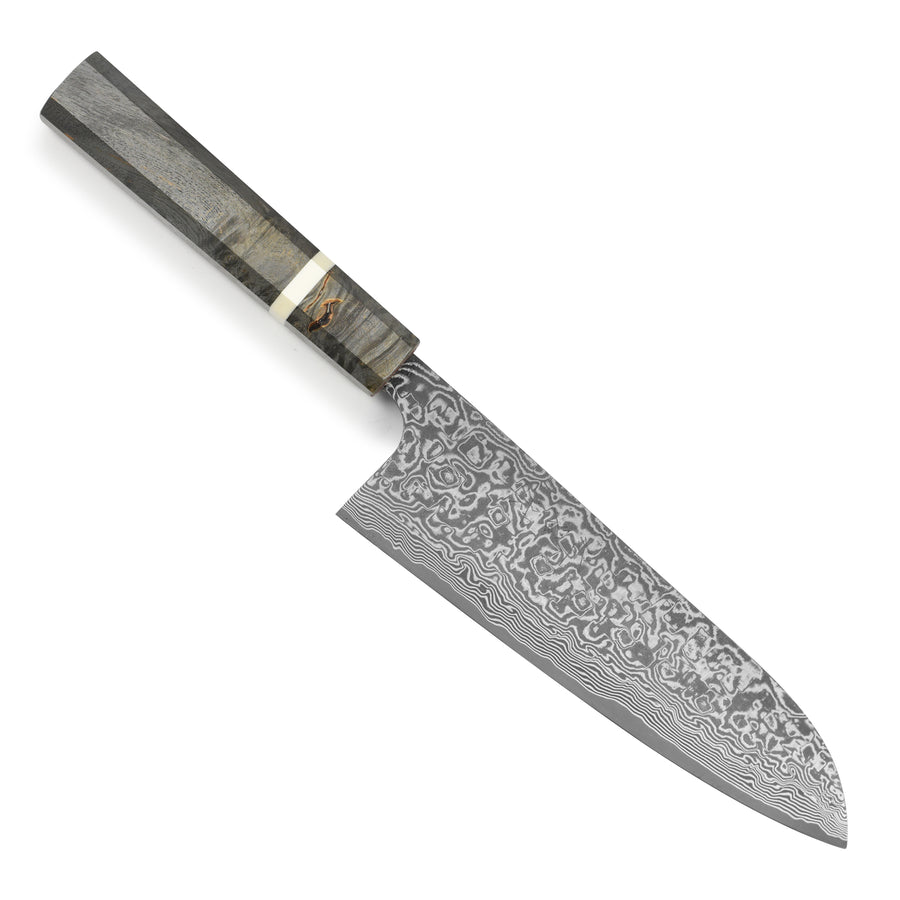 Saji SG2 Black Damascus 7" Santoku, Stabilized Birch