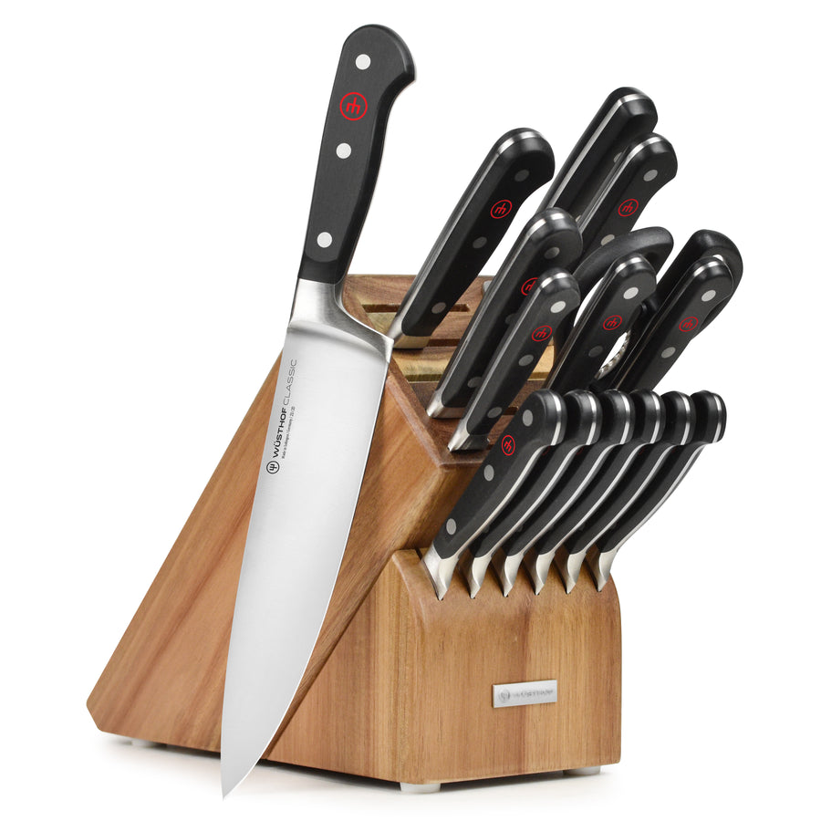 Wusthof Classic 16 Piece Acacia Knife Block Set with Forged Steak Knives