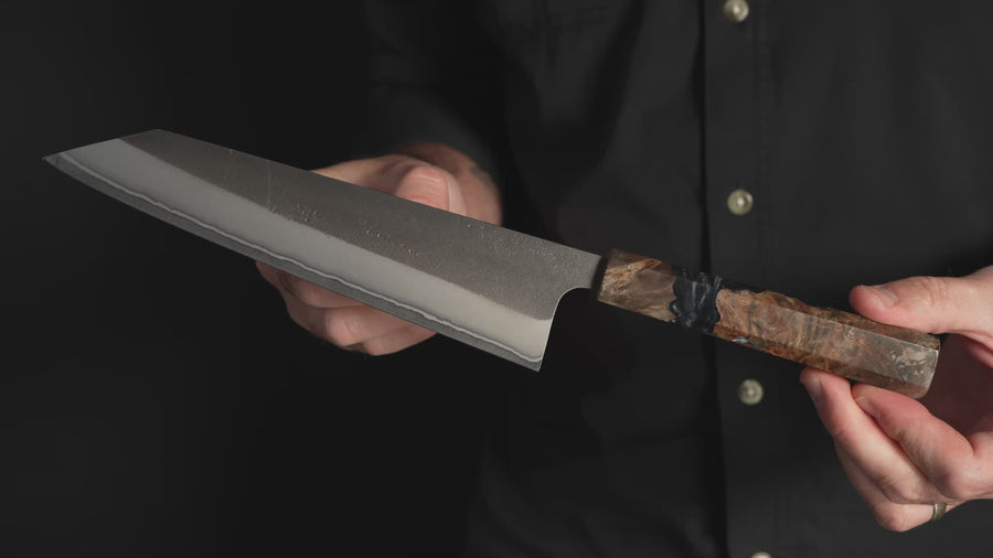 Yoshikane Shirogami #2 Kurouchi Stainless Clad 8.25" Kiritsuke, Stabilized Birch