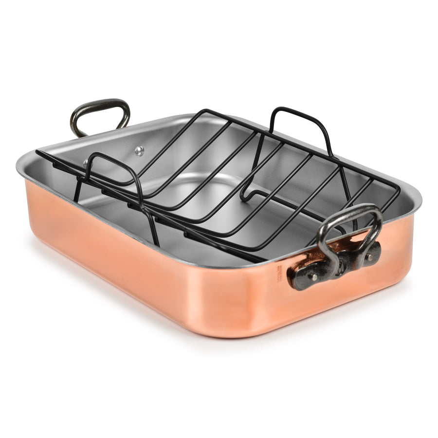 Mauviel 16" x 12" Tri-Ply Copper Roasting Pan & Rack with Cast Iron Handles