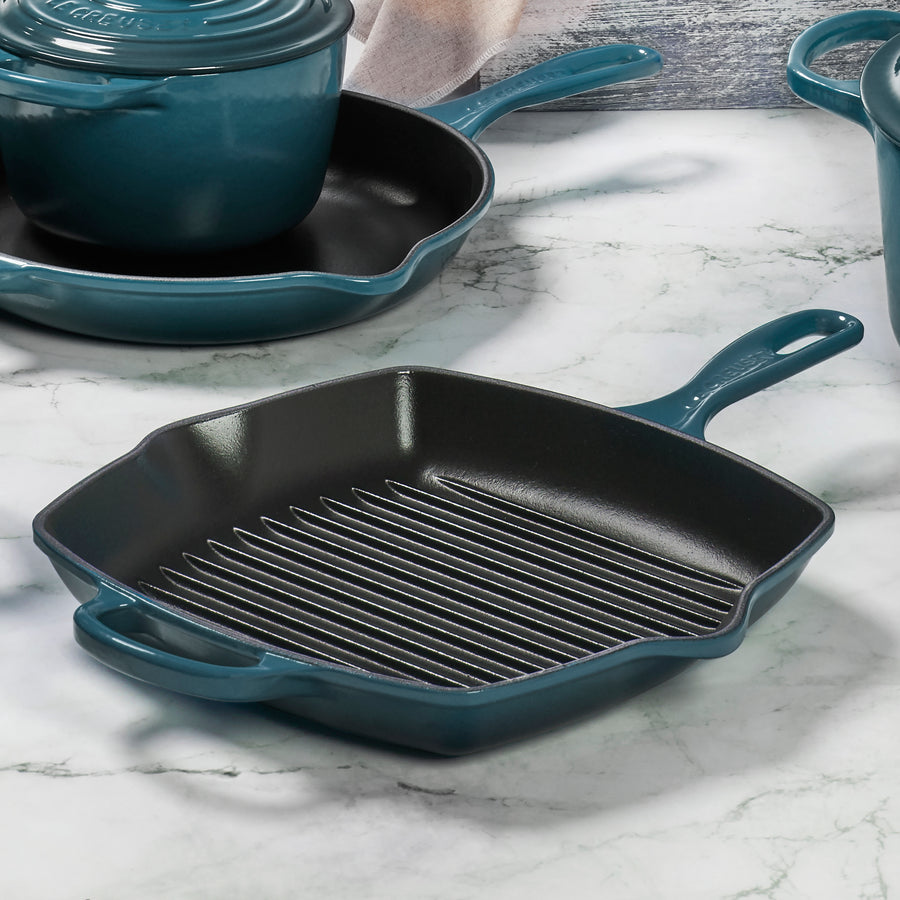 Le Creuset Signature Cast Iron 10.25" Deep Teal Square Grill Pan
