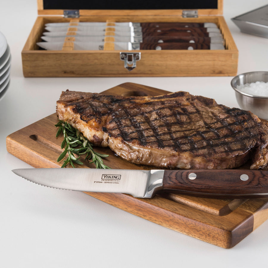 Viking 6 Piece Red Pakkawood Serrated Steak Knife Set with Presentation Case