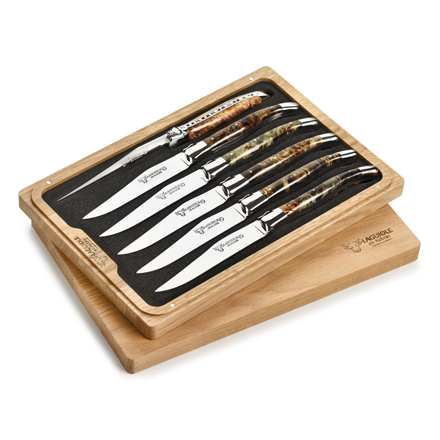 Laguiole en Aubrac 6 Piece Stainless Steel Steak Knife Set with Black Poplar Burl Wood Handles