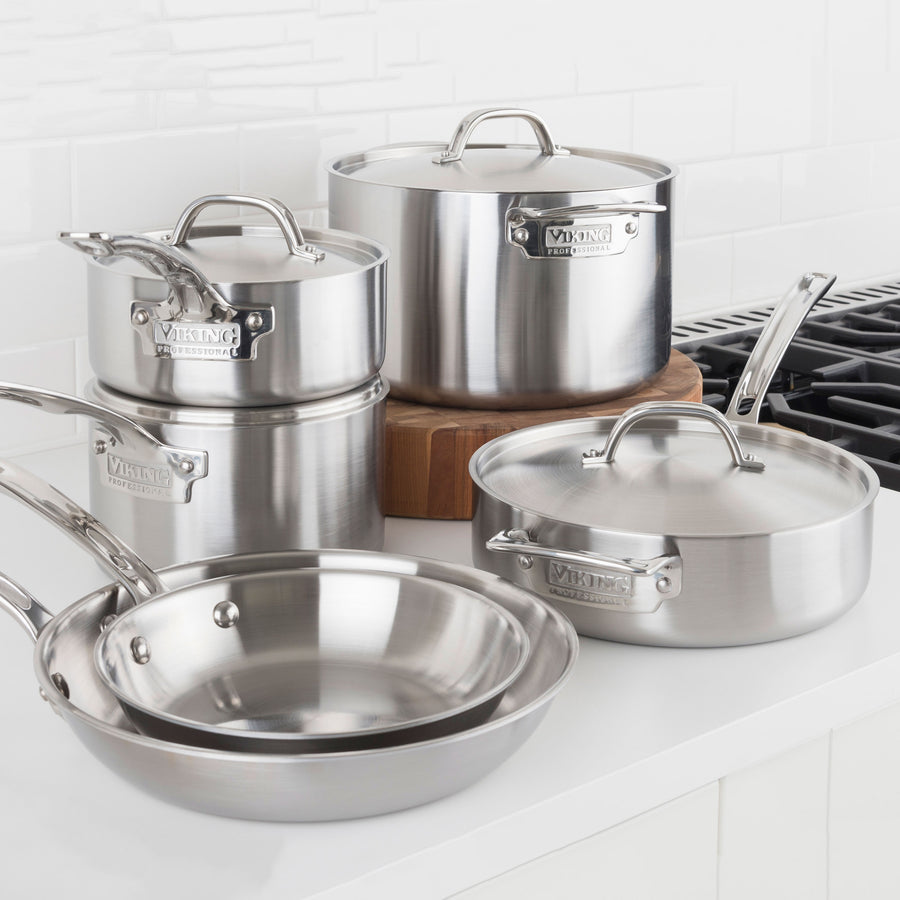 Viking Culinary 3-Ply Stainless Steel Cookware Set with Metal Lids, 10 Piece, Dishwasher, Oven Safe, Works on All Cooktops Including Induction,Silver