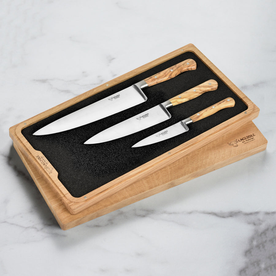 Laguiole en Aubrac 3 Piece Stainless Steel Knife Set with Olive Wood Handles