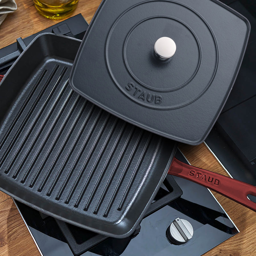 Staub Grill Pan with Panini Press 12" Cast Iron Grenadine Cutlery and More