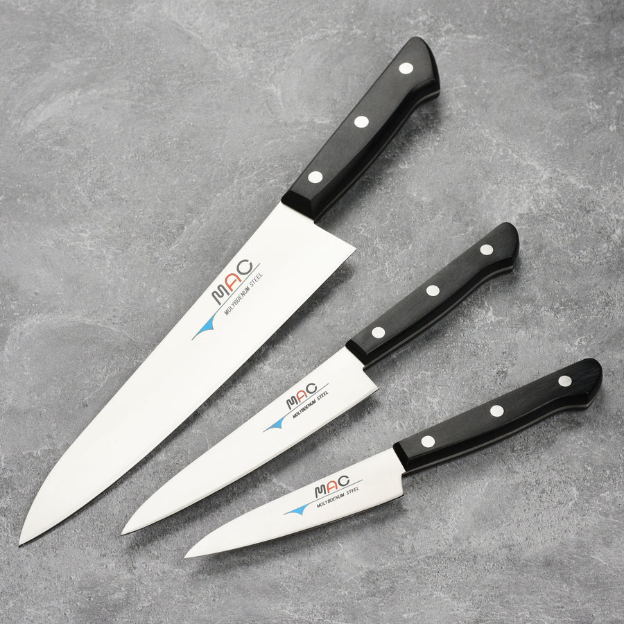  MAC Knife Chef series 3-piece starter knife set CHEF-32, TH-80  Chef series 8 dimpled Chef's knife, TH-50 Chef series 5 dimpled Paring  knife, SB-105 Superior series 10.5 Bread knife, made in