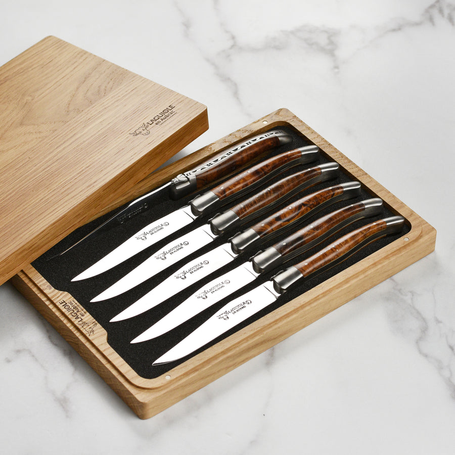Laguiole en Aubrac 6 Piece Stainless Steel Steak Knife Set with Desert Iron Wood Burl Handles