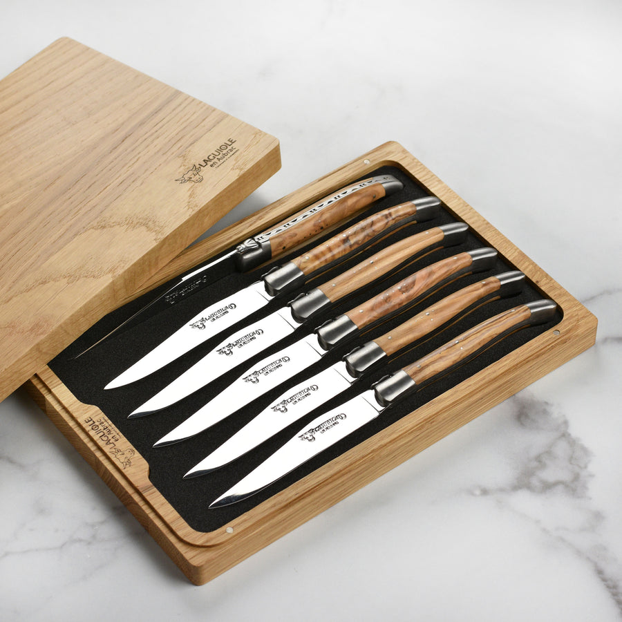 Laguiole en Aubrac 6 Piece Stainless Steel Steak Knife Set with Olive Wood Handles